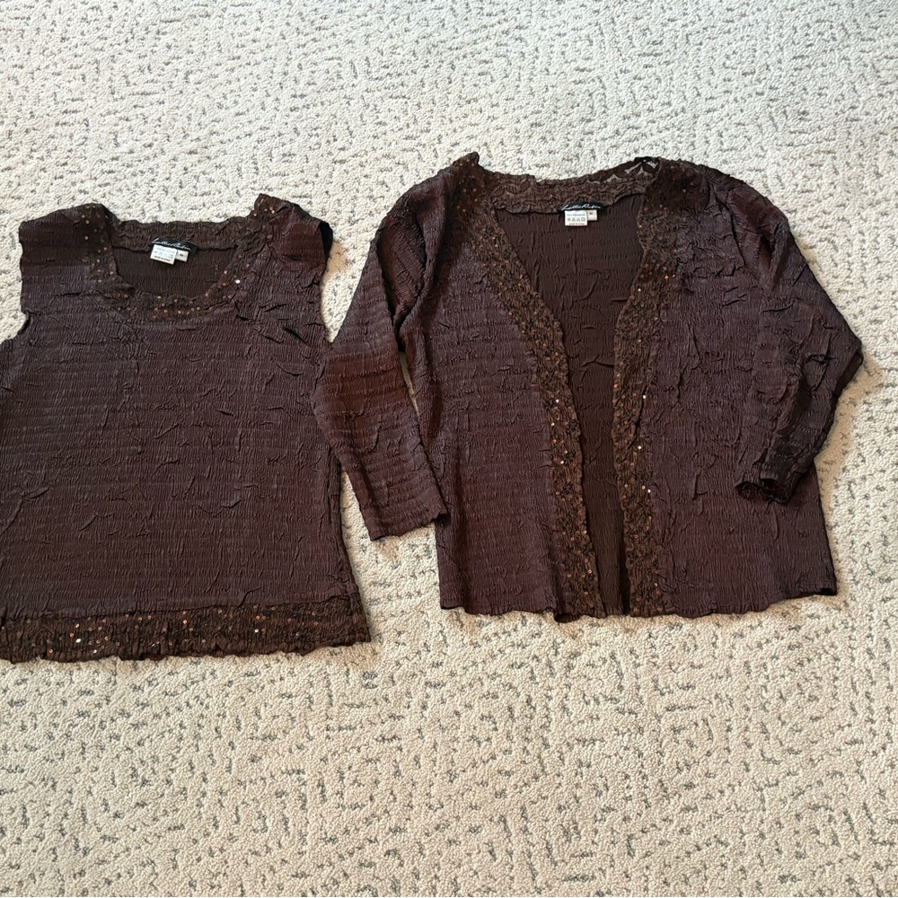 Vintage Lillian Rubin top and cardigan set lightweight chocolate brown